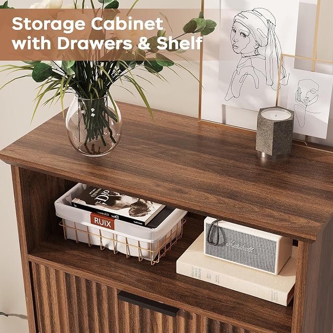 Fluted Buffet Cabinet with Storage, Modern Coffee Bar Cabinet | With Drawer & Adjustable Shelf, Wood Sideboard Cabinet for Kitchen, Bathroom, Entryway and Living Room Walnut