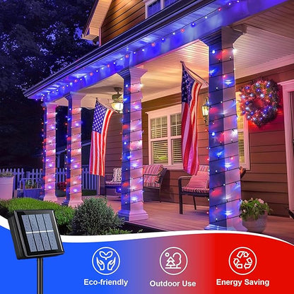QITONG Red White and Blue Solar String Lights, 2 Pack Each 66ft 200 LED 4th of July Lights Outdoor Waterproof, 8 Modes Green Wire Patriotic Led Lights for Independence Memorial Day Decor