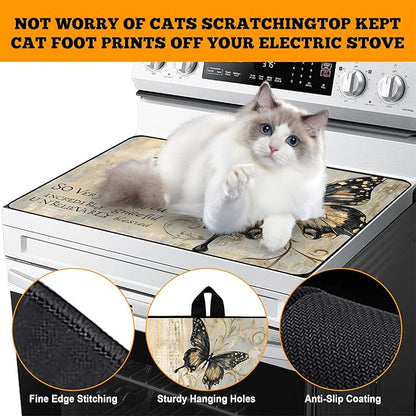 Multi-Design Stove Cover for Glass/Electric Stoves - 3-in-1 Heat-Resistant Protector Mat, Non-Slip Drying Rack 30"L x 21"W (Butterfly 1)