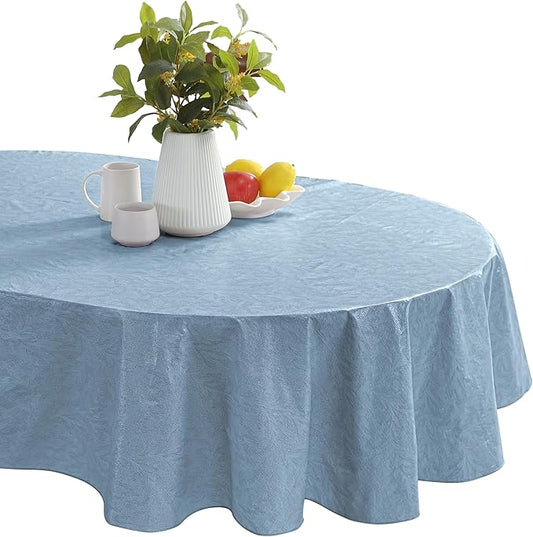 Newbridge Napa Leaf Blue Vinyl Flannel Backed Tablecloth, 60 x 102 Inch Oval, Hotel Quality Waterproof Indoor Outdoor Table Cover for Kitchen, Patio, Dining, BBQ