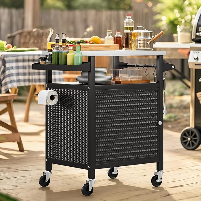YITAHOME 25 Inch Outdoor Grill Cart with Stainless Steel Top, Outdoor Grill Table with Storage Shelves for Patio, Kitchen Prep, Grilling Accessories, Black