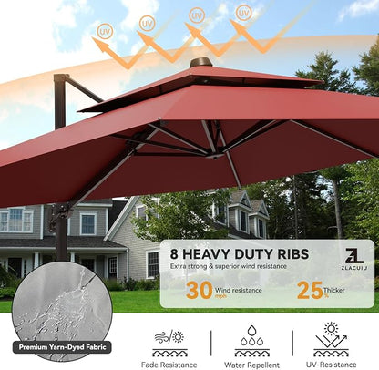 9x12FT Cantilever Patio Umbrella - Heavy Duty Double Layer Offset Design with 360° Rotation, Large Rectangle Sun Shade Umbrella for Garden, Deck, Pool, Backyard, Red