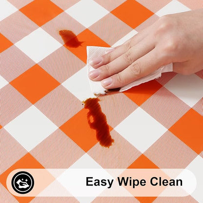 Smiry Rectangle Picnic Table Cloth, Elastic Waterproof Fitted Vinyl Tablecloths, Flannel Backed Buffalo Plaid Table Covers for Dining, Camping, Outdoor, Thanksgiving (White and Orange, 30" x 96")