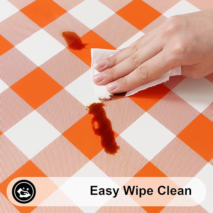 Smiry Rectangle Picnic Table Cloth, Elastic Waterproof Fitted Vinyl Tablecloths, Flannel Backed Buffalo Plaid Table Covers for Dining, Camping, Outdoor, Thanksgiving (White and Orange, 30" x 72")