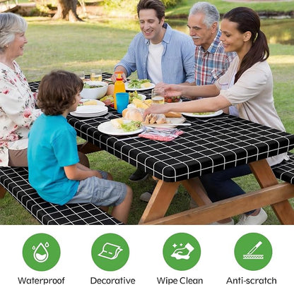 Picnic Table Cover with Bench Covers, Waterproof Tablecloth Set, Black Grid | Fitted 6ft Tables, for Outdoor Camping, RV, Includes 1 Table Cover(30"x72"), 2 Bench Covers(72"x12"), Drawstring Storage Bag