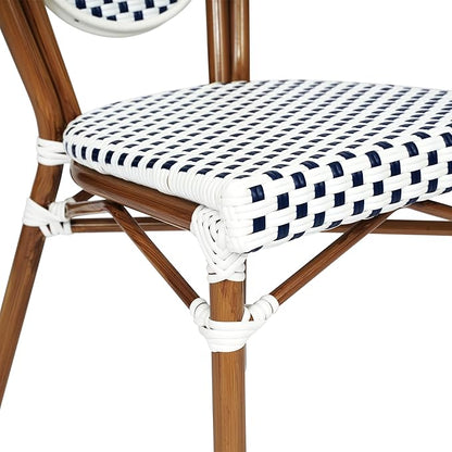 Flash Furniture Lourdes Indoor/Outdoor Commercial Thonet Bistro Stack Chair - White/Navy PE Rattan Back and Seat - Natural Bamboo Print Metal Frame - Set of 2