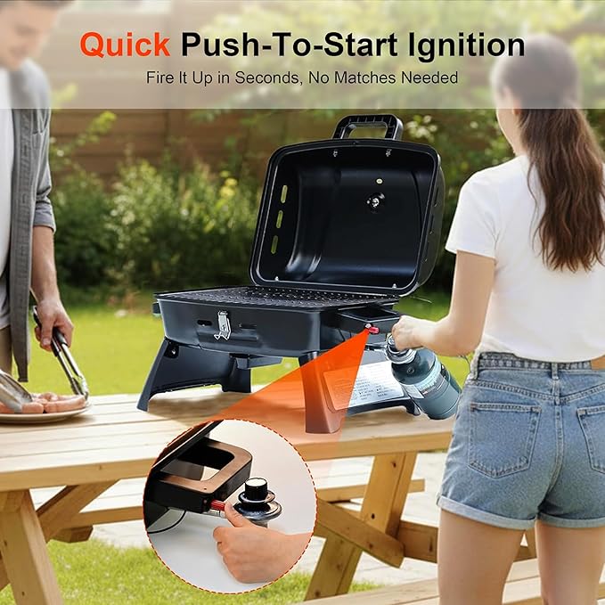 Brand-Man Portable Gas Grill with Locking Lid Folding Legs 10,000 BTU Burner 240 sq.in. Cooking Area Tabletop Small Propane Grill Foldable for Outdoor Cooking, Backyard BBQs, Vacation Camping