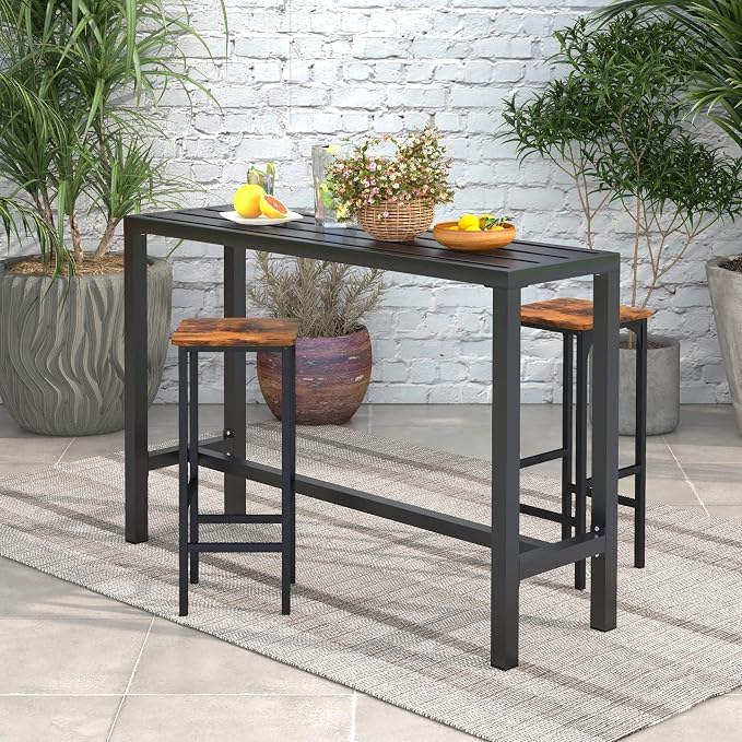 COSTWAY Outdoor Bar Table 55-inch Wide, Narrow Counter Height Dining Table with Waterproof Top and Heavy-Duty Metal Frame, Rectangular Pub Table for Garden Patio Backyard Poolside, Black | with Waterproof Top and Heavy-Duty Metal Frame, Rectangular Pub...