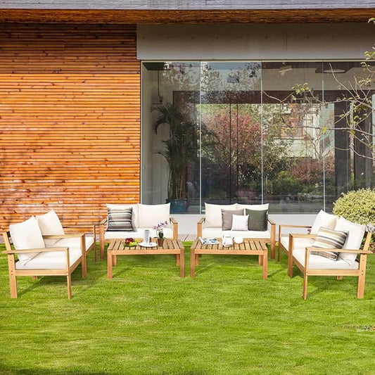 Tangkula Outdoor 8-Piece Acacia Wood Chat Set, 8 Seater Acacia Wood Conversation Sofa and Table Set with Water Resistant Cushions, Teak Finished (2, White)