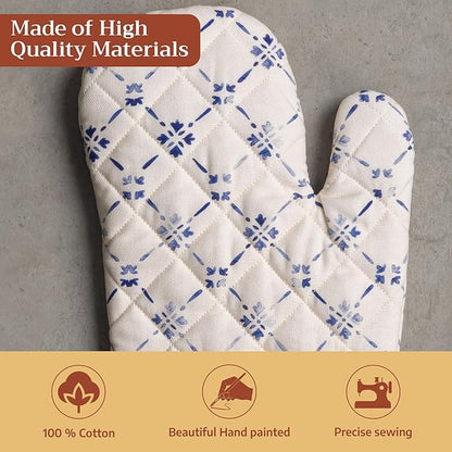 Maison d'Hermine Oven Gloves 100% Cotton Oven Mitt 7" x 13" with Loop Heat Resistant BBQ Cooking Gloves Baking Grilling Kitchen Hotel Home Farmhouse Spring Summer (Pack of 1, Faience)