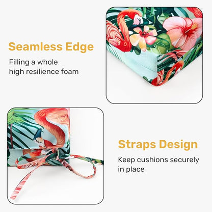 UNIKOME Outdoor Chair Cushions Pack of 4, Water Resistant Patio Cushions with Ties, High Density Sponge Filling Square Corner Seat Cushions for Outdoor Furniture, 18.5"*16"*3", Pink Flamingos
