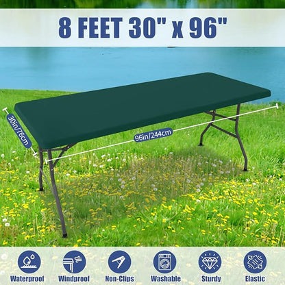 Moosfor 2 Pack Rectangle Spandex Fitted Table Cloth, 8FT Elastic Tablecloth | Washable Picnic Table Cover, Stretch Waterproof Table cloths for Party, Patio, Dining, Kitchen, 30" x 96", Blackish Green