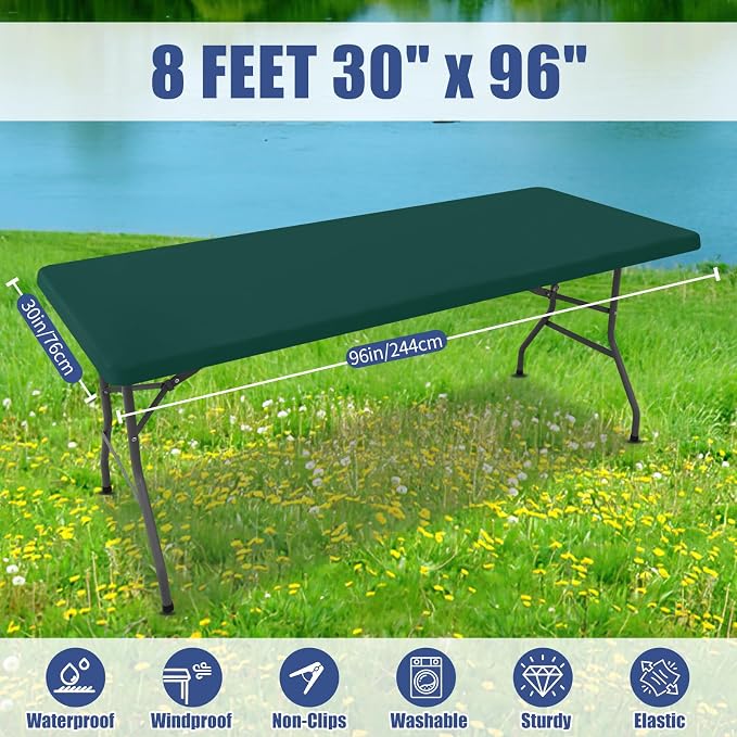 Moosfor Spandex 8 Foot Rectangle Table Cloth, Elastic Fitted Tablecloths for Picnic, Stretch Washable Patio Table Cover for Outdoor, Camping, Banquet and Parties (Blackish Green, 30"x96")