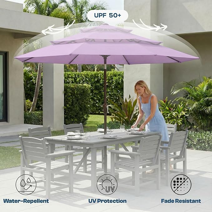 10ft Patio Umbrella, 3 Tier Outdoor Market Table Umbrellas with 8 Fiberglass Ribs and Push Button Tilt, Windproof, Vented Canopy, UV Protection for Deck, Pool, Backyard