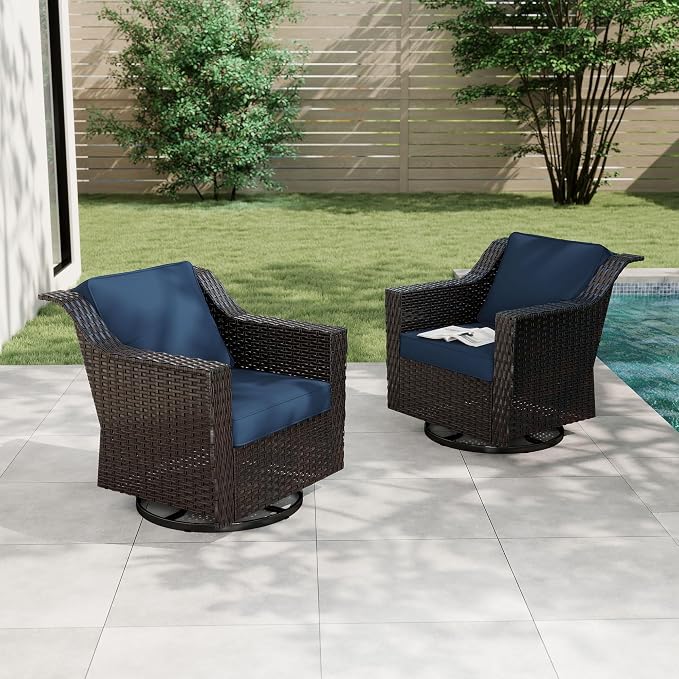 Patio 2 Pieces Wicker Swivel Chairs Set of 2，Outdoor PE Rattan Rocking Glider Armchairs, Water-Resistant Cushions with Removable and Washable Covers, Porch, Balcony, Sunroom (Navy Blue)