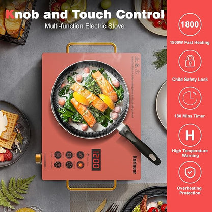Karinear Portable Electric Stove 110V, 1800W Electric Hot Plate with Handle, Knob Control Single Burner Electri Cooktop, Ceramic Infrared Countertop Burner, Timer, Safety Lock(Pink)