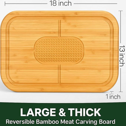 Meat Cutting Board - 18 x 13 Extra Large Bamboo Carving Board, Thick Butcher Block Cutting Board with Deep Juice Groove, Non Slip Center, Reversible Board for Steak, Brisket, Turkey, Grilling BBQ Prep