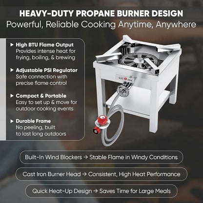 GasOne Stainless Steel Propane Burner Cooker With Regulator with Steel Braided Hose For Outdoor Cooking, Turkey Fry