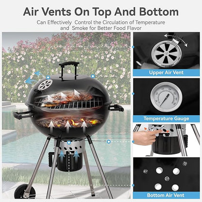 GREEN PARTY 22 inch Kettle Charcoal BBQ Grill with Wheels, Portable Charcoal Grill with Porcelain-Enameled Lid & Ash Catcher for Outdoor Cooking Barbecue Camping Picnics Tailgating, Black