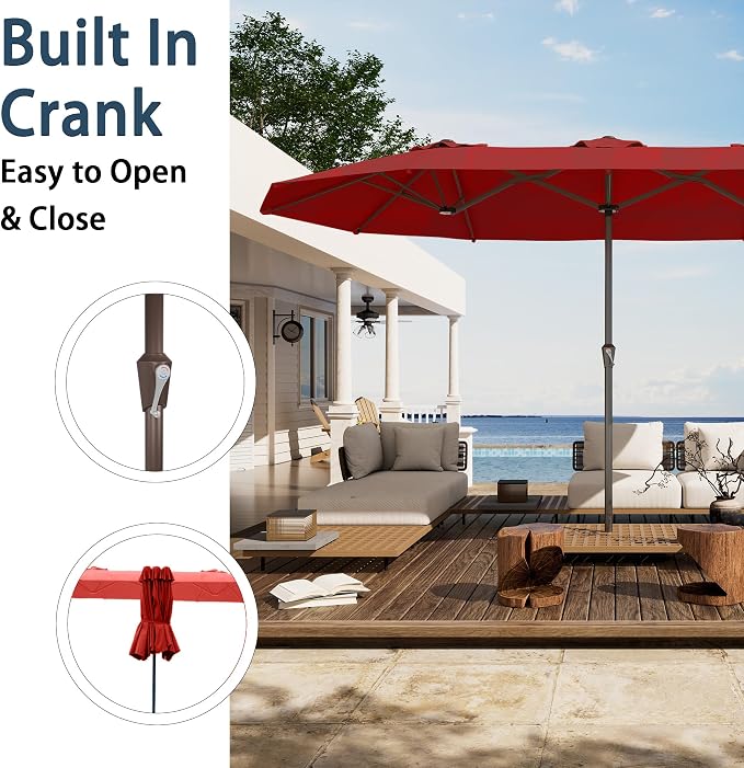 PatioKingdom 15FT Large Patio Umbrella with Base, Double Sided Rectangular Outdoor Umbrella with Sturdy Fiberglass Ribs, Market Umbrella for Pool,Garden,Backyard,Deck (Red, 15FT)