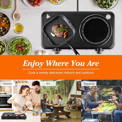 1800W Electric Stove Infrared Burner, Portable Double Burner Electric Cooktop with Stepless Temperature Adjustments, Counter Dual Stove with 7.5” Glass Cooktop for Home RV Camp Cooking