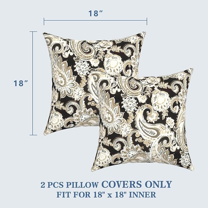 LVTXIII 2 Pack Outdoor Pillow Covers ONLY 18x18 Inch, Water-Repellent Square Decorative Cushion Covers for Patio Furniture, Garden, Sofa, Paisley Black