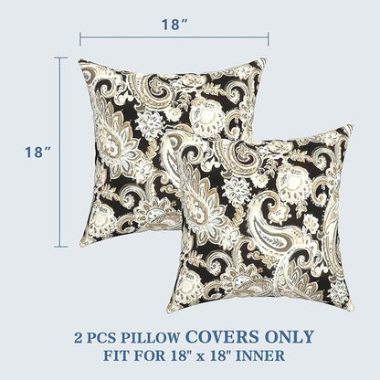 LVTXIII 2 Pack Outdoor Pillow Covers ONLY 18x18 Inch, Water-Repellent Square Decorative Cushion Covers for Patio Furniture, Garden, Sofa, Paisley Black