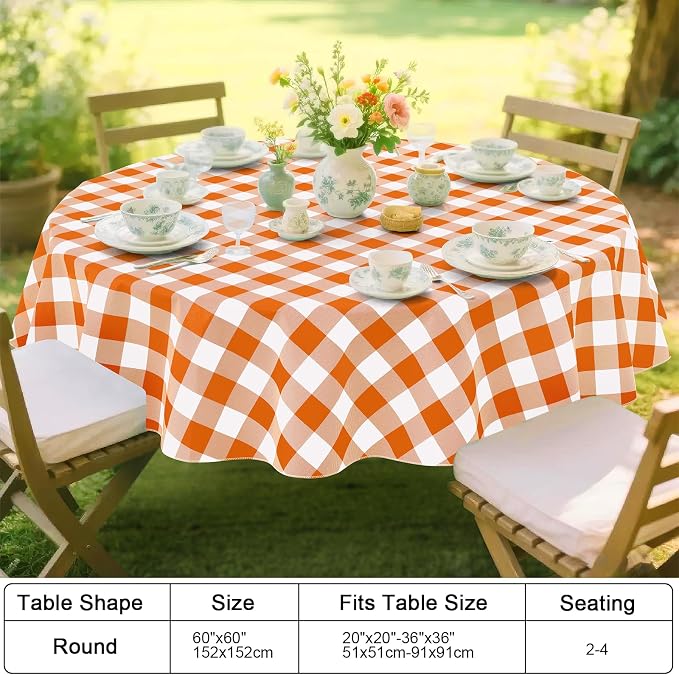 Smiry Picnic Table Cloth, Vinyl Tablecloths with Flannel Backing, 60" Round | Waterproof Picnic Table Cloth, Wipeable Buffalo Plaid Table Cover for Indoor and Outdoor (Orange & White)
