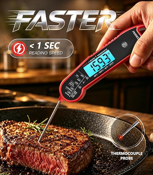 Atogou Professional Meat Thermometer Digital for Cooking Food, <1 Sec Instant Read & ±0.5℉ Accuracy, IP67 Waterproof, Thermocouple Sensor Probe, for Kithchen, BBQ, Grill, Red