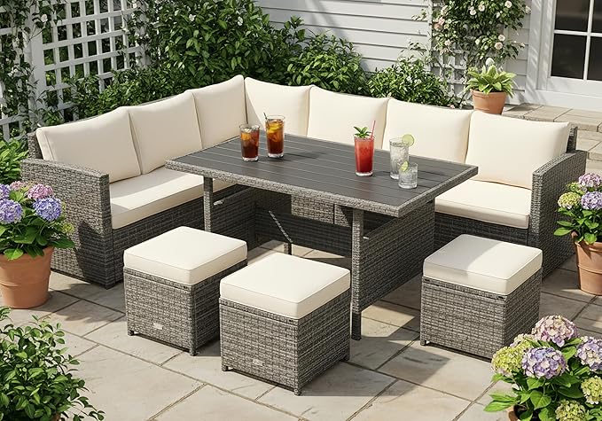 Tangkula 7 Pieces Patio Furniture Set, Outdoor Sectional Rattan Dining Sofa Set with Cushions, All Weather Wicker Conversation Couch Set with Dining Table & Ottomans for Yard Garden Poolside, White