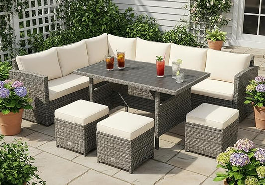 Tangkula 7 Pieces Patio Furniture Set, Outdoor Sectional Rattan Dining Sofa Set with Cushions, All Weather Wicker Conversation Couch Set with Dining Table & Ottomans for Yard Garden Poolside, White