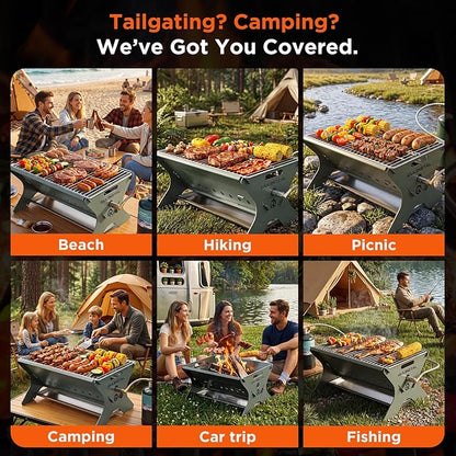 QuliMetal Portable Camping Grill, Foldable 3-in-1 Charcoal Wood Gas Grill with Carry Bag, Heavy-Duty Stainless Steel BBQ Fire Pit for Outdoor Cooking Backpacking Tailgating Patio Backyard
