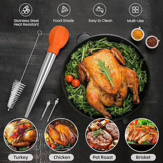 SCHVUBENR Large Turkey Baster Set - Stainless Steel Baster Tool for Cooking - Includes Basting Brush, Cleaning Brush & Injector Needles - Heavy Duty Baster Syringe - Flavor Meat Poultry, Beef - Orange