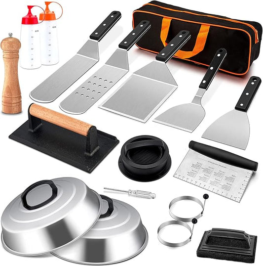Griddle Accessories Kit, Joyfair 18Pcs Flat Top Grill Accessories for Blackstone, Stainless Steel Hibachi Griddle Tool Set with Spatula, Basting Cover Burger Press for Outdoor BBQ (ABS Handles)
