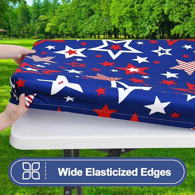 Smiry Picnic Table Cover with Bench Covers, Waterproof Elastic Fitted Tablecloth for 6 Foot Tables, Washable Polyester Tablecloths for Camping & Patriotic Decor (Navy Blue & Red, 30x72 Inch 3-pc Set)