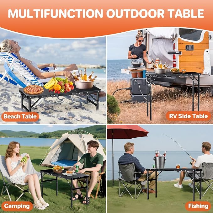 FUNYKICH 3ft Aluminum Folding Camping Table, 3 Height Adjustable Max 29.4" | 35.4''x15.7'' Tabletop, Ultralight Portable Design with Carry Handle for Car Travel, Camping, Backyard, Beach & Picnic, Balck