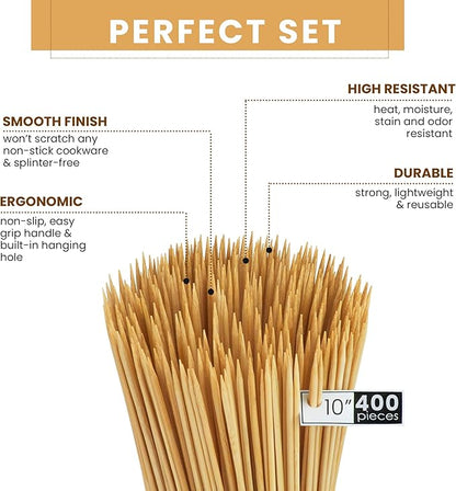 DecorRack 10" Natural Bamboo Skewers Sticks, 400 Wood Skewers for Grilling, BBQ, Kabob, Appetizers, Fruits, Smores, Cocktail, Brunch, Fondue Sticks, Barbeque, DIY Crafting, 10 inch (400 pack)