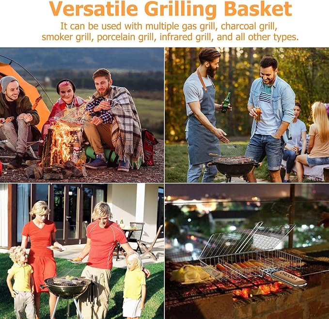 ORDORA Shallow Grill Basket, Fish Grill Basket, Rustproof Stainless Steel BBQ Folding Portable Grilling Rack for Meat, Steak,Vegetables, Grill Accessories