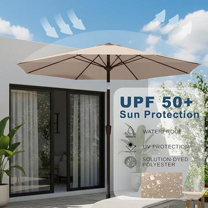 9ft Patio Umbrella with Push Button Tilt and Crank,Outdoor Market Table Umbrella UV Protection 8 Sturdy Ribs for Backyard,Garden,Pool,Deck(Beige)