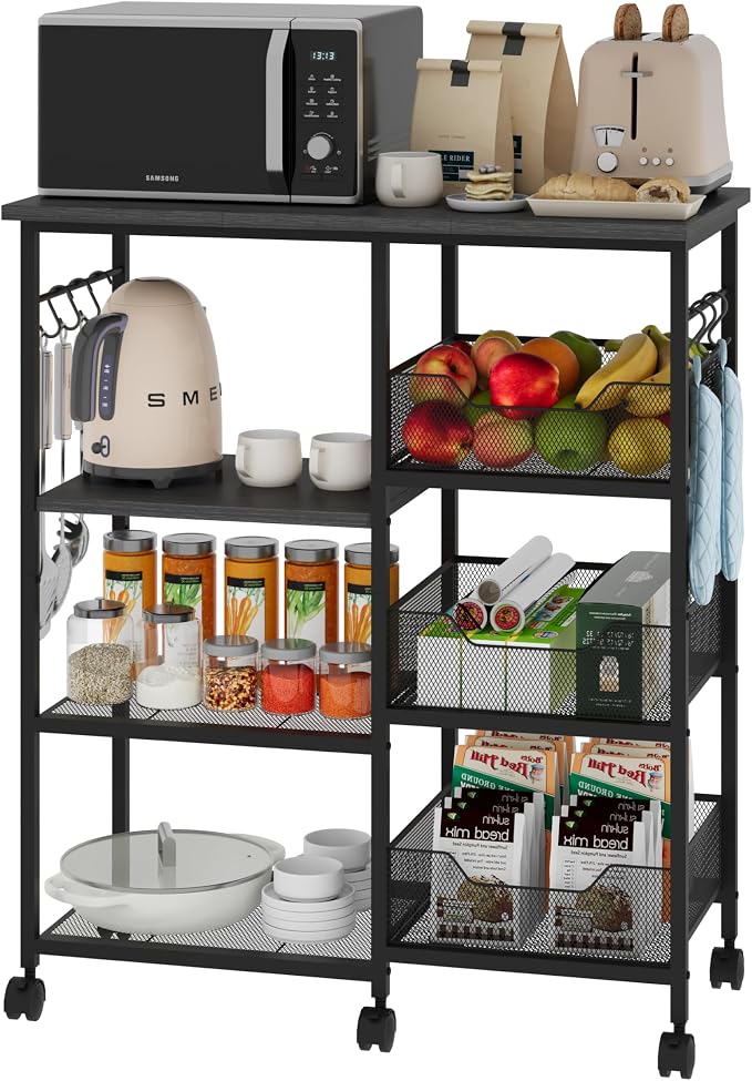 SWTYMIKI Kitchen Island Cart on Wheels - 28.35x14.57in Rolling Kitchen Table Cart with Storage Shelves, 6 Removable Hooks& Locking Casters, Coffee Bar Cabinet for Dining Room Pantry Office, Black