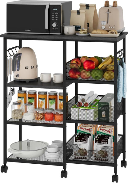 SWTYMIKI Kitchen Island Cart on Wheels - 28.35x14.57in Rolling Kitchen Table Cart with Storage Shelves, 6 Removable Hooks& Locking Casters, Coffee Bar Cabinet for Dining Room Pantry Office, Black