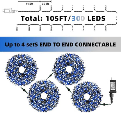 Christmas String Lights, 105ft 300 LED Christmas Lights | 8 Modes Memory Function & Timer- UL Certified Outdoor Indoor Christmas Fairy Lights for Tree, Garden, Party(Blue + White)