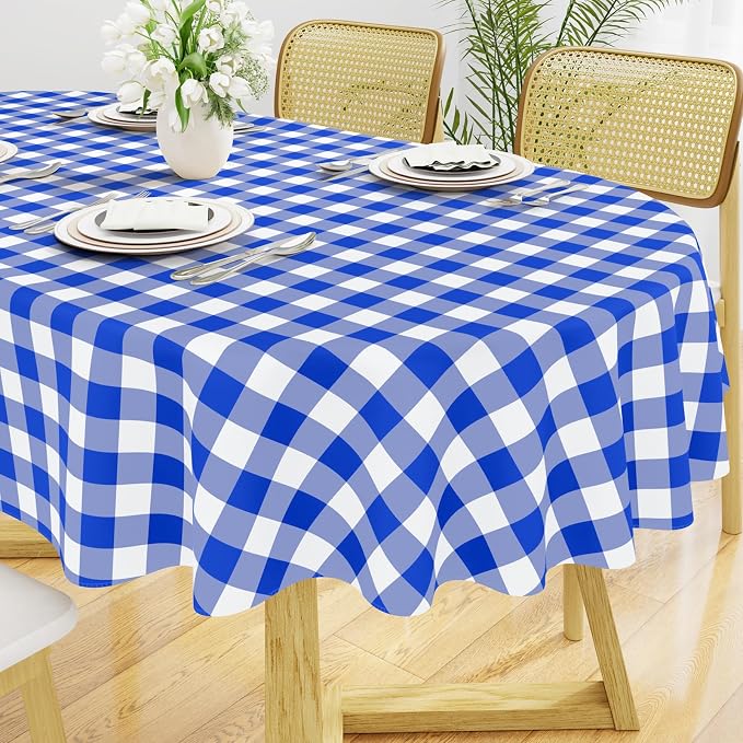 Smiry Oval Table Cloth, Vinyl Tablecloths with Flannel Backing, 60"x84" | Waterproof Picnic Table Cloth, Wipeable Buffalo Plaid Table Cover for Indoor and Outdoor (Blue & White)