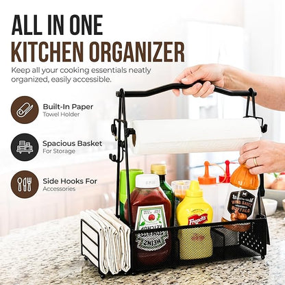 Grill Caddy for Outdoor Kitchen - Foldable Picnic Caddy for BBQ Accessories - Versatile Outdoor Kitchen Accessories Basket with Paper Roll Holder, Hooks & Compartments
