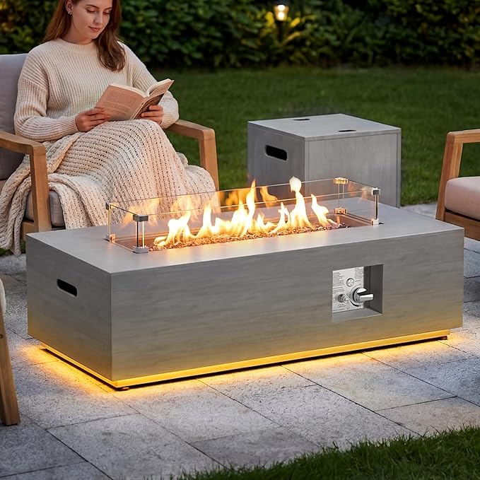 SUNPEAK 42" Propane Fire Pit Table with LED Light 50,000 BTU Outdoor Fireplace Table Includes Wind Guard, Lid, Rocks & Cover - Gas Firepit Table, Chimenea para Patio (Light Grey/Golden Light, 42" LED)