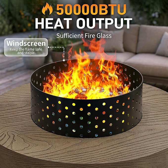 2-Piece Outdoor Propane Fire Pit Table Set w Tank Table 30'' Round Fire Pit Table w Wood Grain Firepit Table for Outside Patio Gas Fire Pit w 304 Stainless Steel Burner 50,000 BTU, Brown w Warm LED