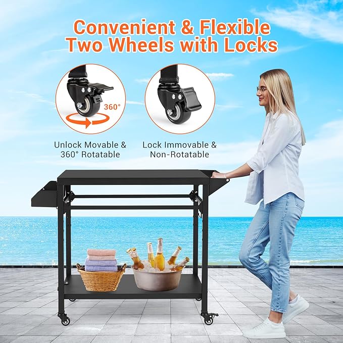 GarveeLife Outdoor Grill Cart, Pizza Oven Stand Table with Lockable Wheels for Outside Patio, Heavy Duty Movable Outdoor Cooking Prep Table BBQ Smoker Cart for Backyard, Camping and Parties, Black