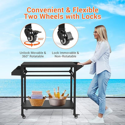 GarveeLife Outdoor Grill Cart, Pizza Oven Stand Table with Lockable Wheels for Outside Patio, Heavy Duty Movable Outdoor Cooking Prep Table BBQ Smoker Cart for Backyard, Camping and Parties, Black