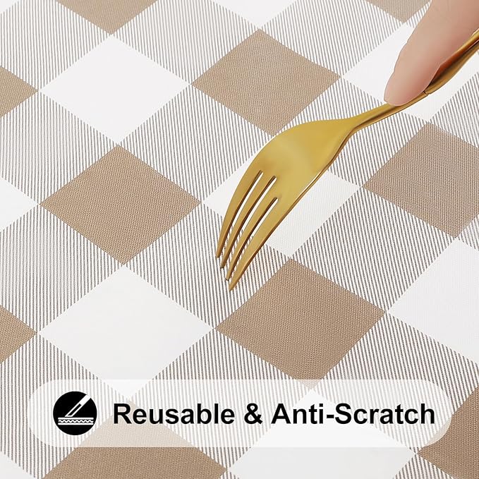 Smiry Rectangle Picnic Table Cloth, Elastic Waterproof Fitted Vinyl Tablecloths, Flannel Backed Buffalo Plaid Table Covers for Dining, Camping, Outdoor (White and Khaki, 24" x 48")
