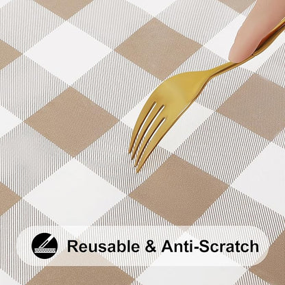 Smiry Rectangle Picnic Table Cloth, Elastic Waterproof Fitted Vinyl Tablecloths, Flannel Backed Buffalo Plaid Table Covers for Dining, Camping, Outdoor (White and Khaki, 24" x 48")